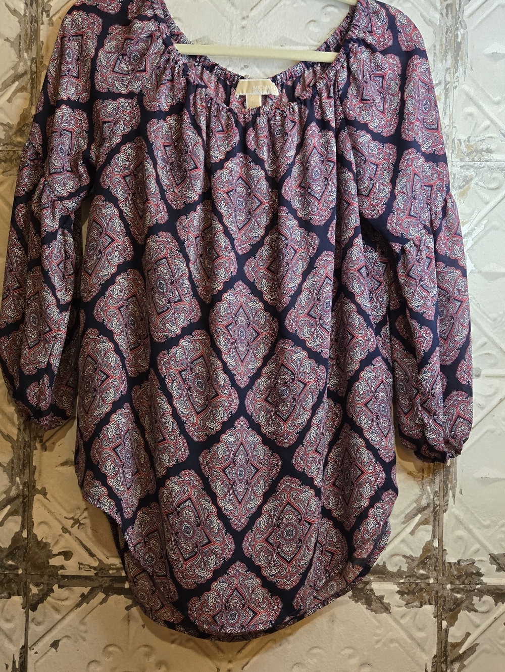Michael Kors Women's Navy Pink Patterned Peasant Top Size Large Nautical Preppy - Picture 9 of 9